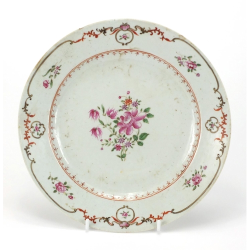 402 - Chinese porcelain armorial shallow dish, hand painted with flowers, 24.5cm in diameter