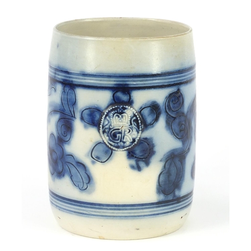 646 - Antique Westerwald stoneware pottery mug with applied GR monogram, incised with flowers, 15.5cm high