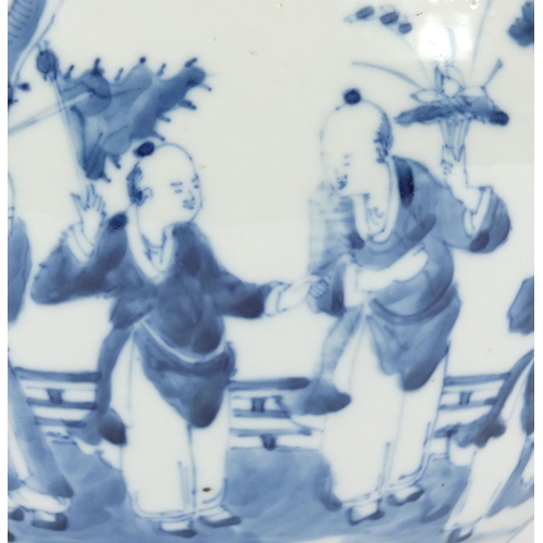 332 - Chinese blue and white porcelain jardinière, hand painted with figures playing in a palace setting, ... 
