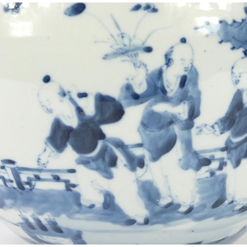 332 - Chinese blue and white porcelain jardinière, hand painted with figures playing in a palace setting, ... 