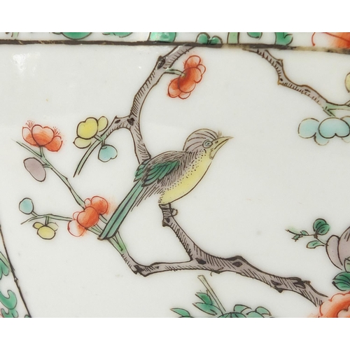 366 - Chinese porcelain jardinière hand painted in the famille verte palette with panels of birds of parad... 