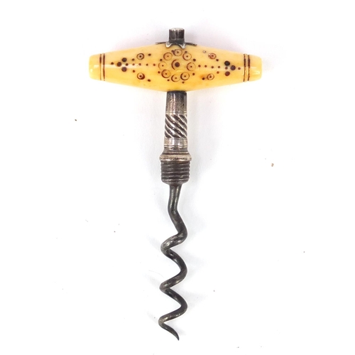 112 - Antique silver travel corkscrew with ivory handle and steel worm by Samuel Pemberton, 8cm in length