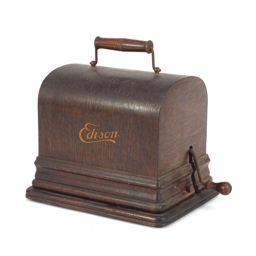141 - Edison oak cased phonograph, serial number G198798, 25cm wide excluding the handle