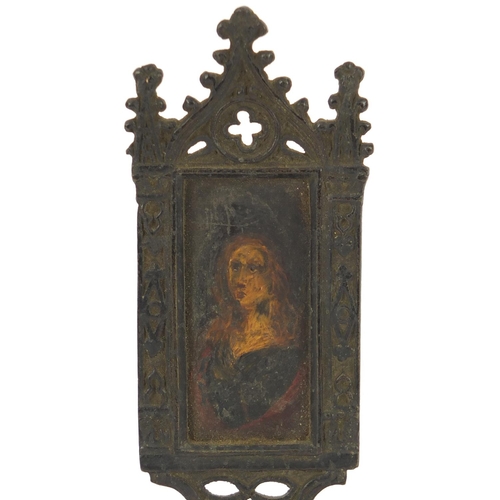 46 - Russian bronzed table icon hand painted with Madonna, 18cm high