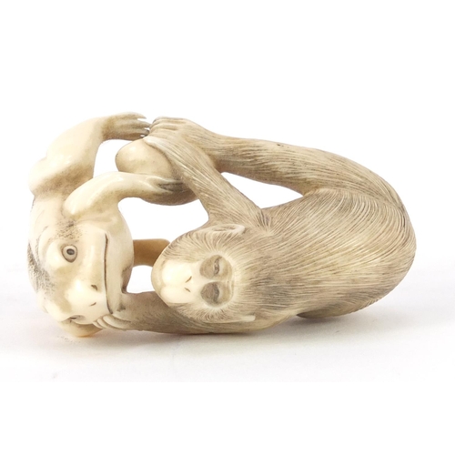 484 - Japanese carved ivory Okimono of a monkey and frog, 7cm wide