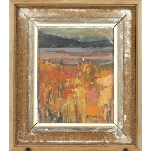 1267 - Sheila Macnab Macmillan - Field by the Cylde, impasto oil on board, label and inscription verso, fra... 