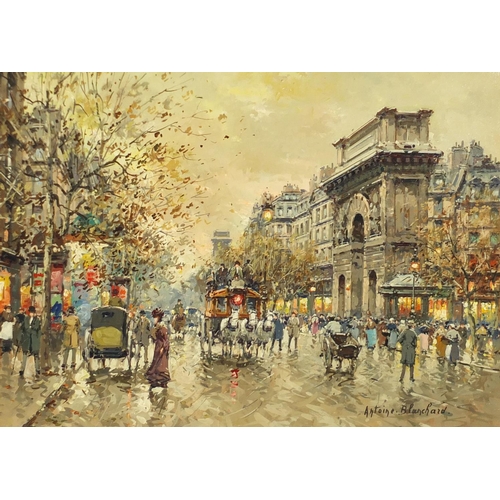 1026 - Antoine Blanchard - Busy Parisian street scene, oil on canvas, Antoine Blanchard Paris stamp and num... 