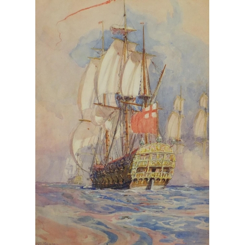 1053 - Gregory Robinson - HMS Victory at Trafalgar, 19th century watercolour, mounted and framed, 36cm x 26... 