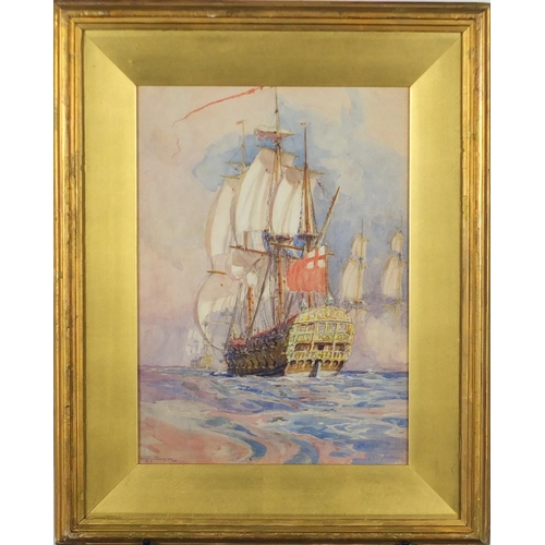 1053 - Gregory Robinson - HMS Victory at Trafalgar, 19th century watercolour, mounted and framed, 36cm x 26... 