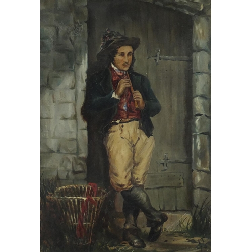 1055 - Young man standing playing a flute, Italian school oil on board, bearing a monogram IT, framed, 33cm... 