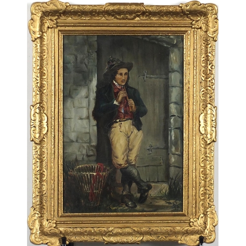1055 - Young man standing playing a flute, Italian school oil on board, bearing a monogram IT, framed, 33cm... 