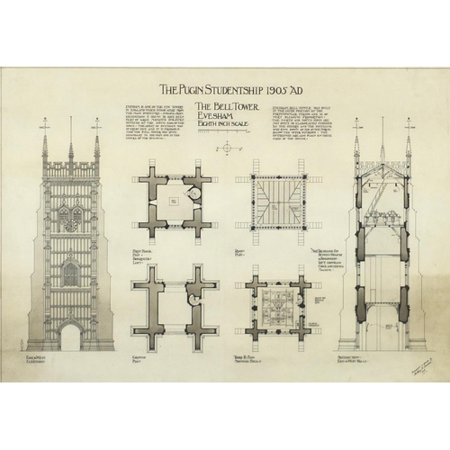 1269 - Antony R Barker - The Pugin Studentship 1904AD, The Bell Tower Evesham, 8 inch scale, architectural ... 