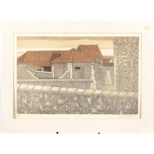 1300 - Valerie Thornton 1971 - Langham, farm buildings, limited edition etching in colour 16/35, mounted un... 