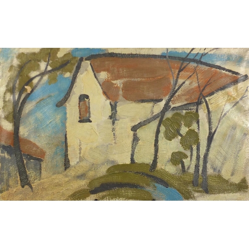 1264 - Circle of Ivon Hitchens - A white house, oil on canvas, label verso, unframed, 92cm x 57cm