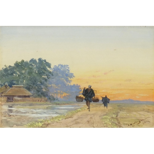 1030 - Charles Arthur Wirgman - Japanese villagers by water, watercolour on card, mounted and framed, 19cm ... 