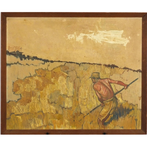 1284 - Harvest scene, oil on board, bearing a signature Peter Clarke, framed, 60cm x 49cm