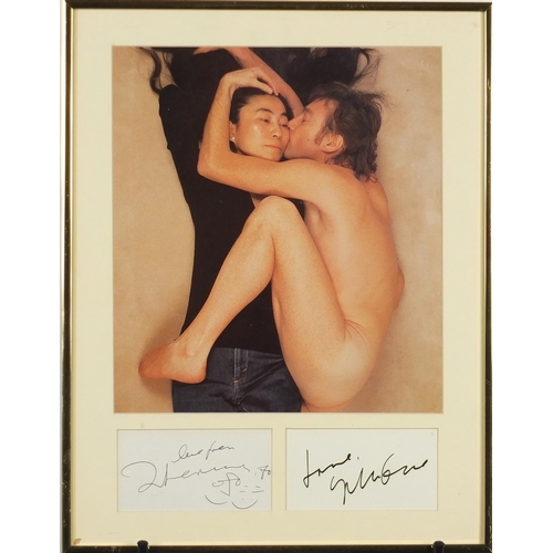 183 - John Lennon and Yoko Ono coloured photograph with signatures, framed, overall 47cm x 36.5cm