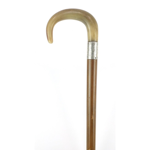 77 - Horn handled walking stick with silver collar, probably rhinoceros horn, 90cm in length