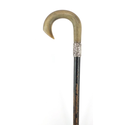 75 - Horn handled walking stick with silver collar and ebonised shaft, probably rhinoceros horn, 81.5cm i... 