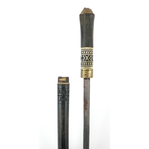 86 - Indian ebonised sword stick with horn handle, carved bone section and steel blade, 90cm in length