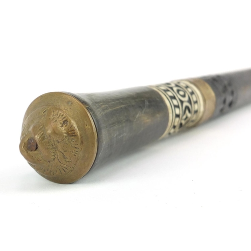 86 - Indian ebonised sword stick with horn handle, carved bone section and steel blade, 90cm in length