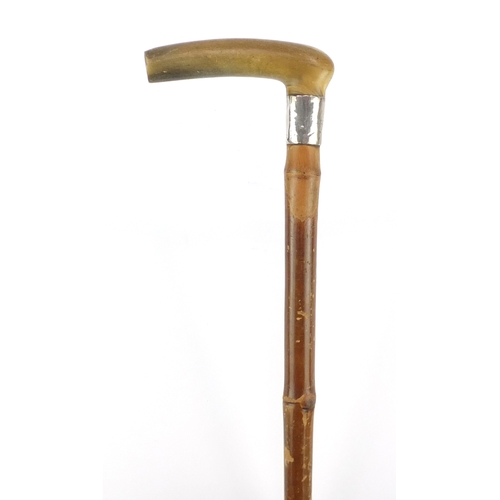 74 - Horn handled walking stick with silver collar and bamboo shaft, probably rhinoceros horn, 89.5cm in ... 
