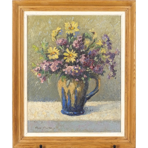 1048 - Manner of Henri Martin - Still life flowers in a jug, oil on board, mounted and framed, 40cm x 32cm