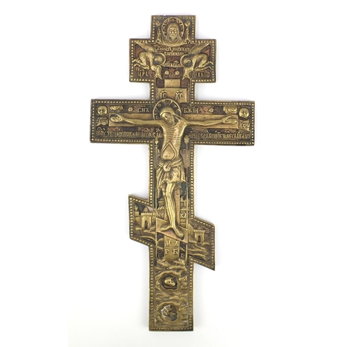 44 - Russian bronze Orthodox crucifix alter cross, 37.5cm high