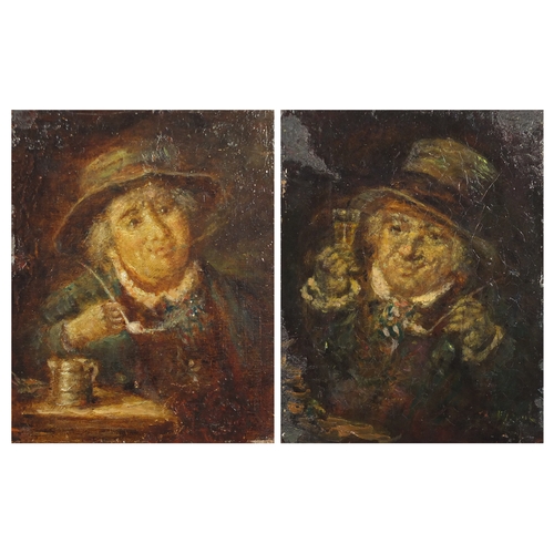 1049 - Gentlemen in taverns, pair of antique oils, one on canvas one on wood panel, unframed, the largest  ... 