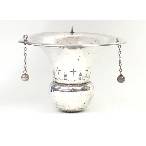 129 - Religious interest silver plated church hanging, 26.5cm high x 35.5cm in diameter