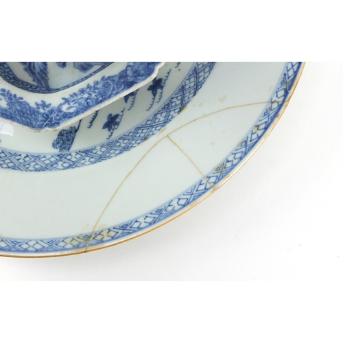 348 - Chinese blue and white porcelain, including a miniature meat platter hand painted with pagodas in a ... 