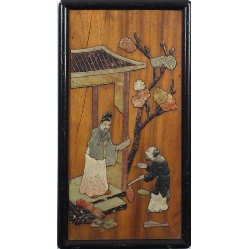 497 - Pair of Chinese hardwood and soapstone panels, each depicting figures, each with Yai Loong labels ve... 