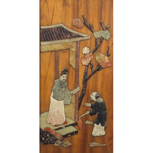 497 - Pair of Chinese hardwood and soapstone panels, each depicting figures, each with Yai Loong labels ve... 