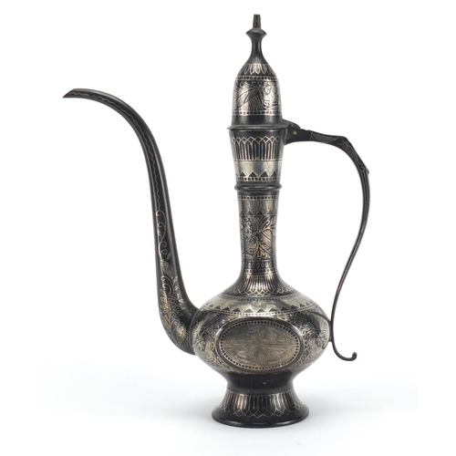 580 - Indian Bidriware coffee pot inlaid with foliate silvered inlay, 26cm high