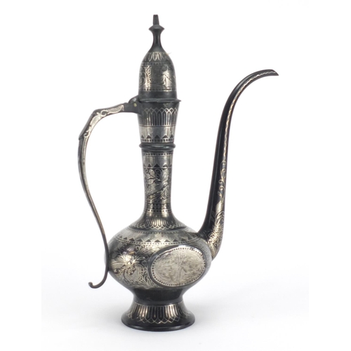 580 - Indian Bidriware coffee pot inlaid with foliate silvered inlay, 26cm high