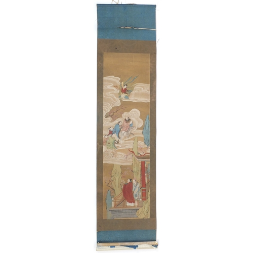 503 - Chinese wall hanging scroll, hand painted with a female riding a phoenix above figures, 97cm x 28.5c... 