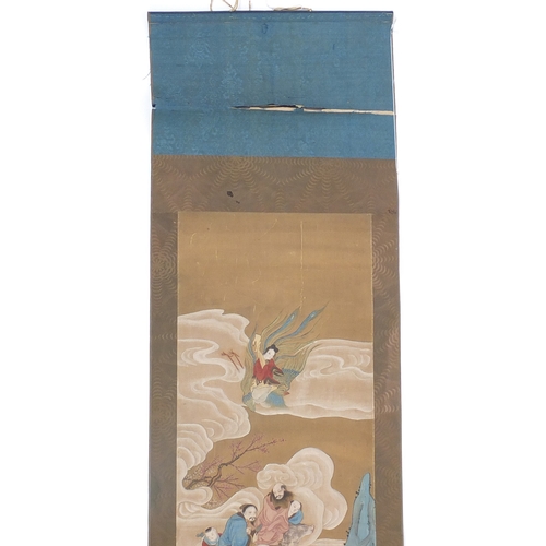 503 - Chinese wall hanging scroll, hand painted with a female riding a phoenix above figures, 97cm x 28.5c... 