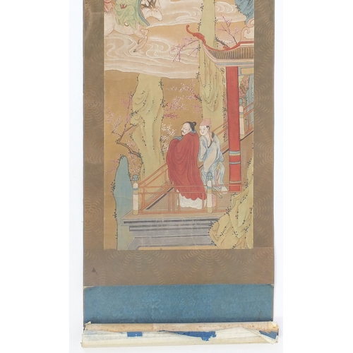 503 - Chinese wall hanging scroll, hand painted with a female riding a phoenix above figures, 97cm x 28.5c... 