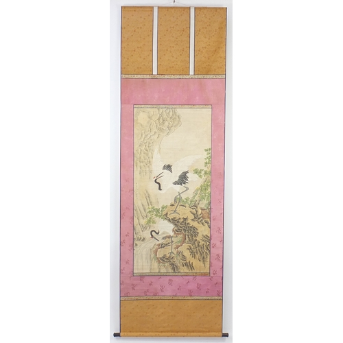 504 - Chinese wall hanging scroll, hand painted with two cranes in a landscape, with character marks and r... 