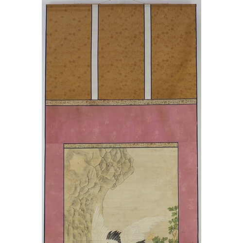 504 - Chinese wall hanging scroll, hand painted with two cranes in a landscape, with character marks and r... 