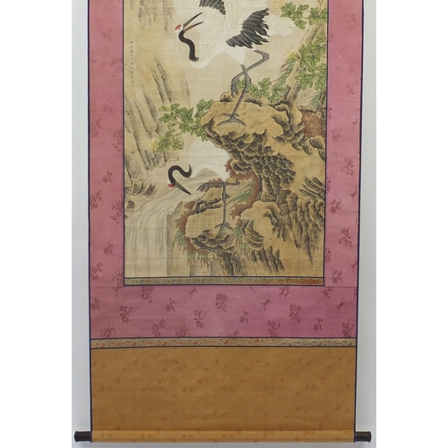 504 - Chinese wall hanging scroll, hand painted with two cranes in a landscape, with character marks and r... 