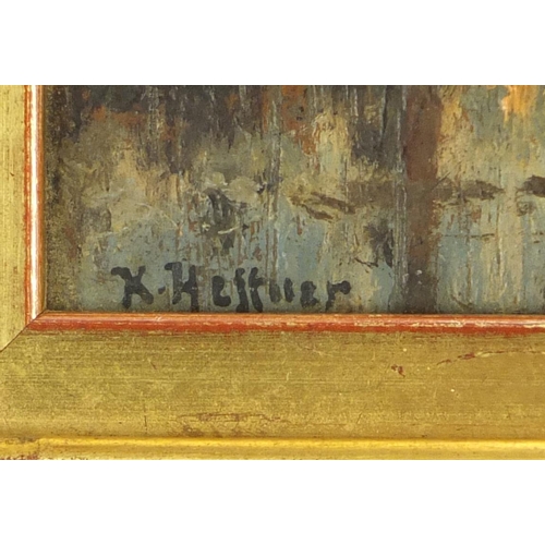 1043 - Karl Heffner - Country lane as dust, oil on wood panel, labels verso, mounted and framed, 11.5cm x 7... 