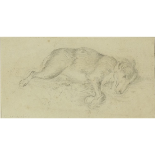 1061 - George Chinnery - Sleeping hounds, pencil drawing, mounted and framed, 27.5cm x 14.5cm