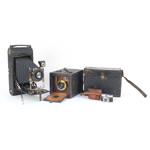 132 - Three vintage cameras including a Kodak No 2 Bulls-I Special 99 model and a miniature Vestkam