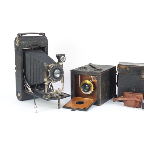 132 - Three vintage cameras including a Kodak No 2 Bulls-I Special 99 model and a miniature Vestkam