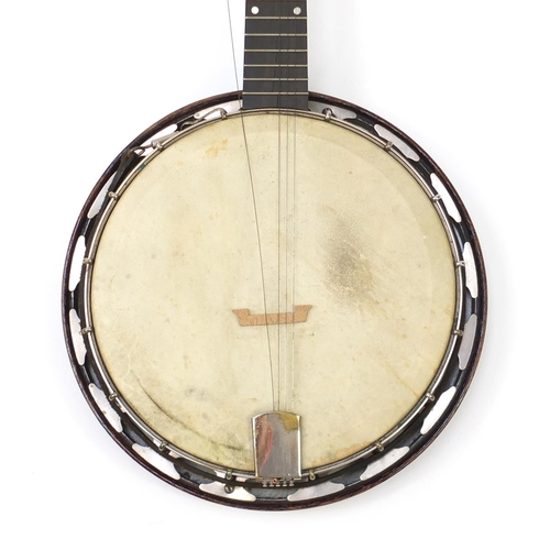 150 - The Whirle banjo, impressed J. E. M Junior with carrying case, 92cm in length