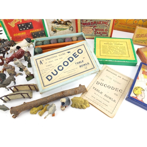 160 - Victorian and later toys and games including Britain's hand painted lead farmyard animals and access... 