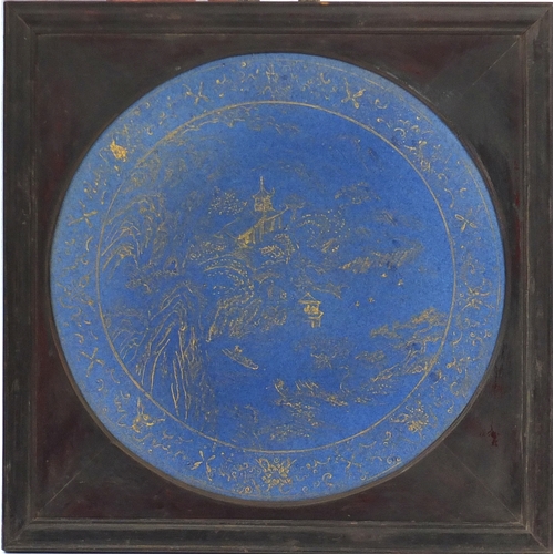 382 - Chinese porcelain powder blue panel, gilt decorated with a river landscape, framed, the panel 46cm i... 