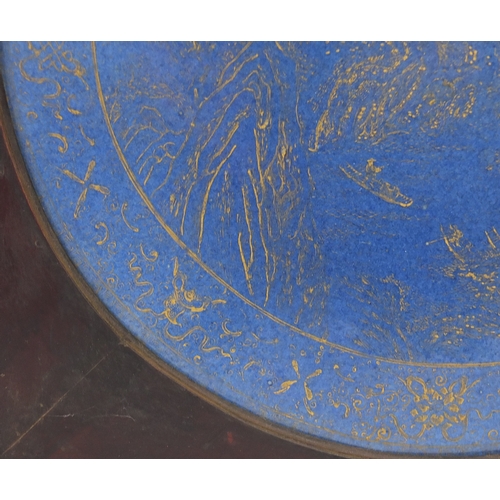 382 - Chinese porcelain powder blue panel, gilt decorated with a river landscape, framed, the panel 46cm i... 