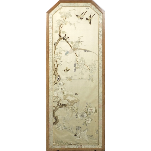 508 - Chinese silk tapestry depicting birds of paradise amongst trees, framed, 128cm x 47cm